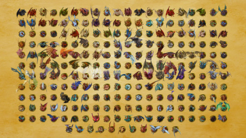 A golden background featuring a large selection of small and medium sized tokens from the Pathfinder Tokens: Draconic Codex for Foundry VTT. 