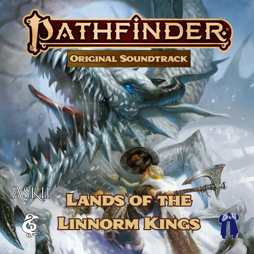 The cover of the Lands of the Linnorm Kings Original Soundtrack, which features an illustration of a large white dragon-like creature in a battle with a person wielding an axe and a shield in a snowy landscape.