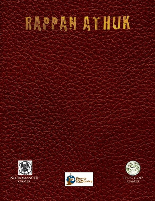 Rappan Athuk (0E) PDF, a tabletop RPG game, features dark red leather-textured cover with gold title and logos, representing Necromancer Games, Frog God Games, and Green Ronin Publishing brands.