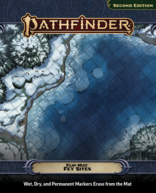 An image of the Pathfinder Flip-Mat: Fey Sites with the Pathfinder logo on top, the product name on the bottom, and a glimpse of one of the included maps in the center.