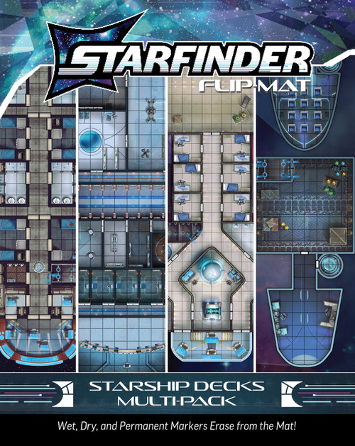 An image of the Starfinder Flip-Mat: Starship Decks Multi-Pack with the Starfinder logo on top, the product name on the bottom, and a four slice glimpse of each included map in the center.