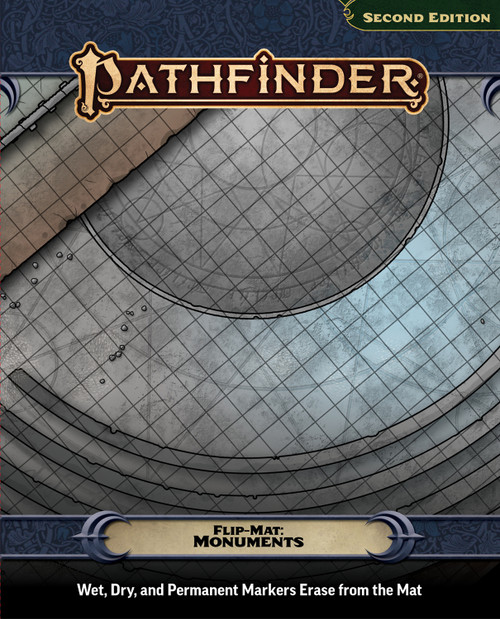 An image of the Pathfinder Flip-Mat: Monuments with the Pathfinder logo on top, the product name on the bottom, and a glimpse of one of the included maps in the center.