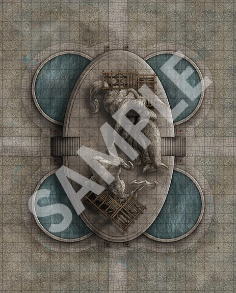 Sample side 1 of Pathfinder Flip-Mat: Monuments, featuring a large oval, stone platform with two large statues facing each other but surrounded in scaffolding. Stairs cut into the stone lead up to the platform, and four round reflecting pools sit in a square  around the main oval platform. Cobblestone pathways surround the border of it all , with straight paths leading away from the stairs and points of the oval.