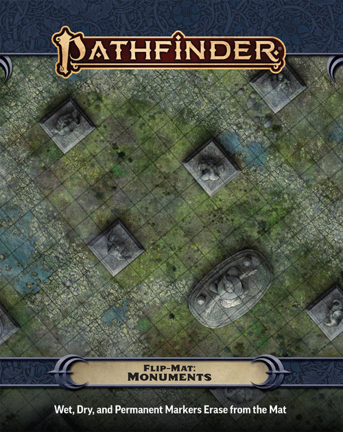 An image of the Pathfinder Flip-Mat: Monuments with the Pathfinder logo on top, the product name on the bottom, and a glimpse of one of the included maps in the center.