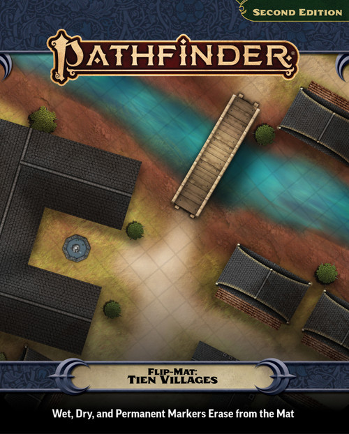 An image of the Pathfinder Flip-Mat: Tien Village with the Pathfinder logo on top, the product name on the bottom, and a glimpse of one of the included maps in the center.