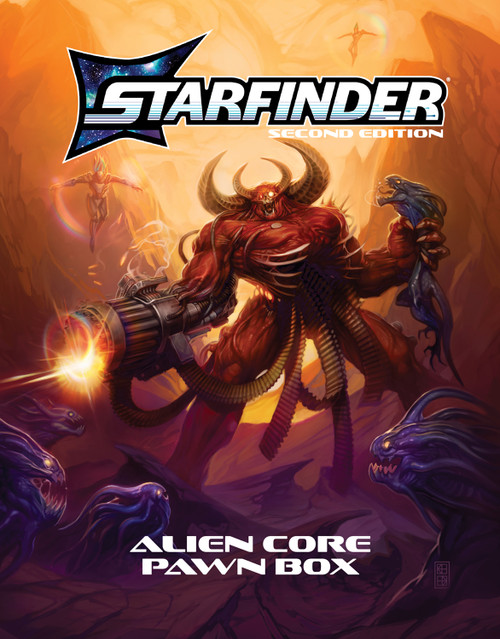 The Alien Core Pawn Box cover, featuring a demon with a machine gun for an arm with ammunition spooling from its chest holding an akata by the throat in its non-gun arm hand.