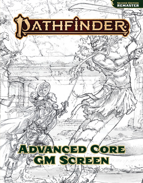 The black and white sketch cover of the Pathfinder Advanced Core GM Screen featuring dynamic art of the iconic Aiuvarin Swashbuckler, Jirelle, and iconic Oracle, Korakai, locked in combat with a Garadasura. Garadasuras are massive ophidian spirits who hold to duties of guardianship and butchery. Many are former naga who have given up on their role of stewards of reality and instead turned their efforts to reversing the act of creation. Garadasuras often continue the duties they had as naga but can also turn destructive, rampaging with the force of an entire poisonous legion.