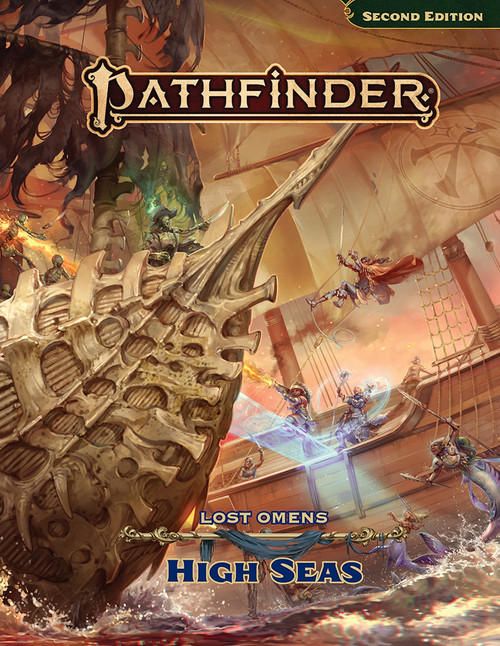 The cover of the regular hardcover edition of Pathfinder Lost Omens High Seas. The art features a tense, dynamic naval battle at sea. 