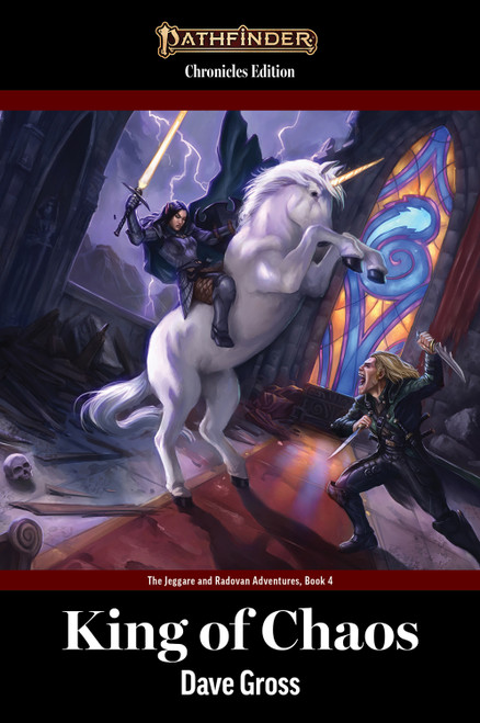 The cover for King of Chaos by Dave Gross, featuring the Pathfinder logo at the top of the image, the title and author name at the bottom, and a scene from the book in the center. 