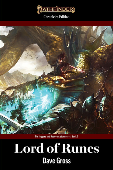 The cover for Lord of Runes by Dave Gross, featuring the Pathfinder logo at the top of the image, the title and author name at the bottom, and a scene from the book in the center. 