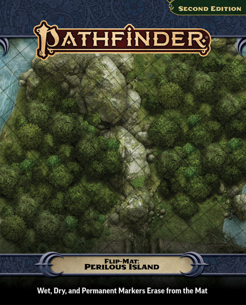 An image of the Pathfinder Flip-Mat: Perilous Island with the Pathfinder logo on top, the product name on the bottom, and a glimpse of one of the included maps in the center.