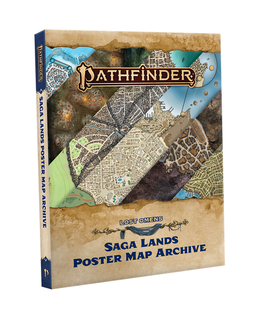 Pathfinder Second Edition Lost Omens Saga Lands Poster Map Archive box. The Pathfinder logo is at the top center of the box and the text title is at the bottom center of the box. The box art includes six horizontal thumbnails of the different maps included in the map archive.