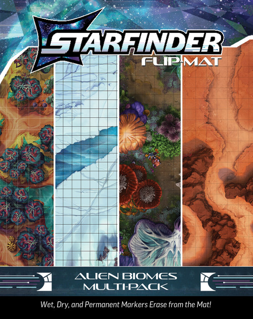An image of the Starfinder Flip-Mat: Alien Biomes Multi-Pack with the Starfinder logo on top, the product name on the bottom, and a four slice glimpse of each included map in the center.