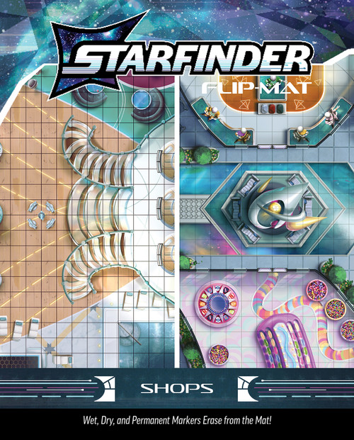 An image of the Starfinder Flip-Mat: Shops with the Starfinder logo on top, the product name on the bottom, and a glimpse of one of the included maps in the center.