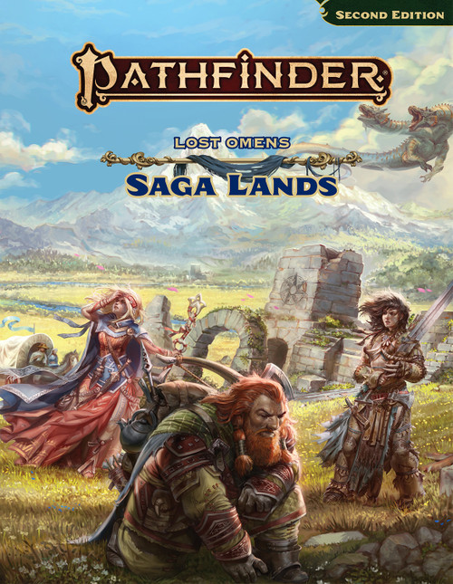 Pathfinder Second Edition Lost Omens Saga Lands. The text logo sits at the center top of the cover, the cover art is of iconic sorcerer Seoni, iconic barbarian Amiri, and iconic ranger Harsk exploring stone ruins on a vast grassy plain under a bright blue sky.