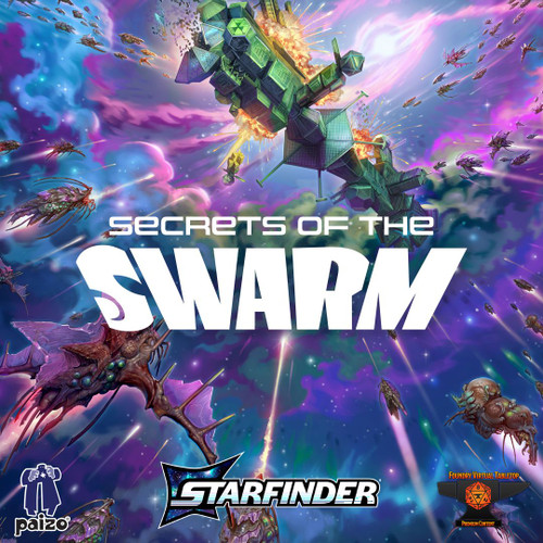 The cover of Starfinder Secrets of the Swarm Adventure Path, which features a purple blue cloudy sky and several several spaceships locked in battle.
