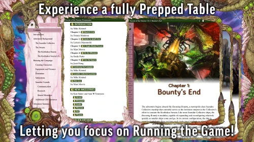 A screenshot of the Contents page from the Foundry module. It lists the chapters and sections of the books next to the author's name. To the right is an illustration of an android fighting a large bug. The caption says: "Experience a fully prepped table letting you focus on running the game!"