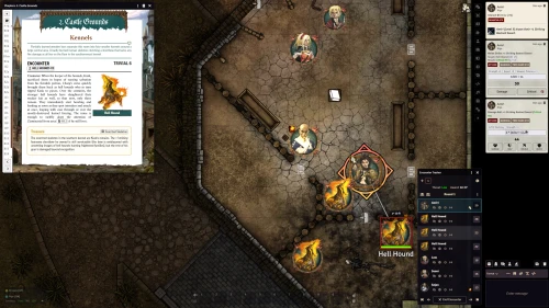 A screenshot of the Foundry module in use. Four iconic Pathfinder characters (Lem, Seoni, Sajan, and Amiri) are fighting a group of three flaming Hell Hounds. The tokens are dispersed on a gridded map, a tab with an encounter tracker displays character initiative on the bottom right, and to the top left is a window showing the encounter from the book.