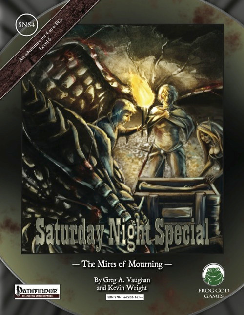 Saturday Night Special 4: The Mires of Mourning PFRPG PDF cover featuring a haunting illustration of armored figures, dark fantasy elements, by Greg A. Vaughan and Kevin Wright, published by Frog God Games.