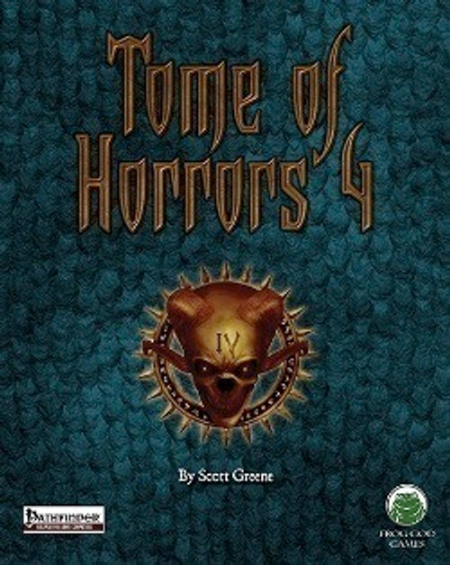 Tome of Horrors 4 (PFRPG) PDF cover features a gold skull emblem on a dark blue background, with logos for Paizo and Green Ronin Publishing, in a digital format for Pathfinder RPG enthusiasts.