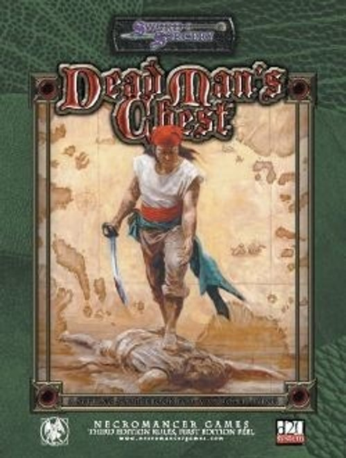 Pirate miniatures d20 PDF, Necromancers Games publication, featuring a sword-wielding pirate on a map background with a hook and a rating symbol, pirate tabletop game asset.