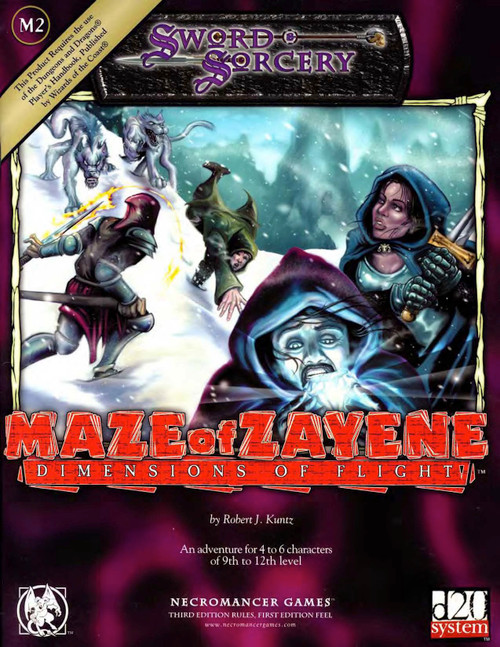 Maze of Zayene Dimensions of Flight d20 PDF cover, featuring Necromancer Games fantasy artwork, sword and sorcery characters in action, and hooded warriors in a mystical setting.