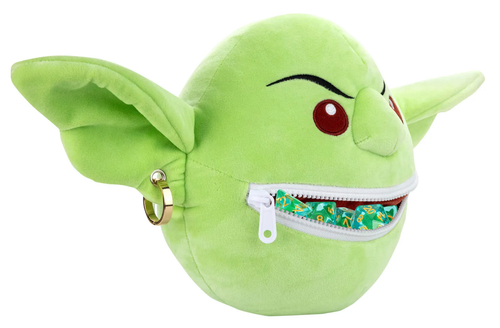 Pathfinder Dice Gobblin' Goblin Plush Bag, a green plush goblin head toy with red eyes and a white zipper mouth into which dice may be stuffed like fresh pickles. In this side view, the goblin's mouth is open and some dice are spilling out!