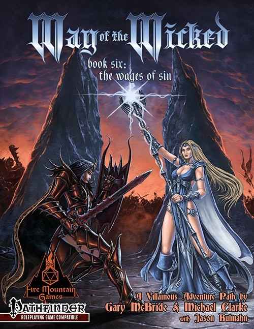 Way of the Wicked Book Six - The Wages of Sin PDF eBook cover featuring a woman with a sword, man with a cross-shaped sword and a woman holding a staff with lightning, in a dark fantasy setting with blue dress.