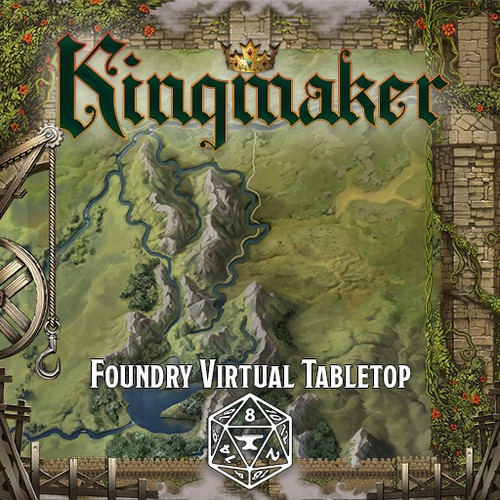 Pathfinder Kingmaker Adventure Path (Foundry VTT) CODE graphic featuring a background with a wilderness map with mountains and rivers.