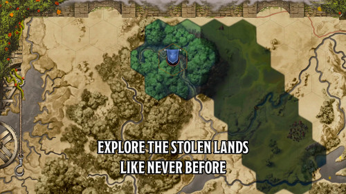 Pathfinder Kingmaker Adventure Path (Foundry VTT) CODE graphic featuring sample gameplay with regional "hexploration" wilderness map.