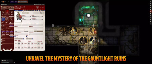 Pathfinder Adventure Path: Abomination Vaults (Foundry VTT) graphic with sample gameplay screen featuring a dungeon map scene.