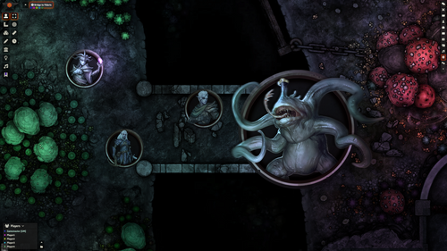 A screenshot of the Foundry module being used: three player characters face off against a big monster with tentacles. 