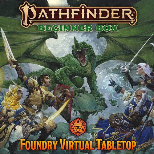 Pathfinder Beginner Box (Foundry VTT) graphic featuring four brave fantasy adventurers in battle with a green dragon.