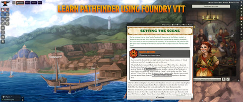 Pathfinder Beginner Box (Foundry VTT) sample gameplay graphic featuring a text box with game information in front of a panoramic vista of a fantasy town.
