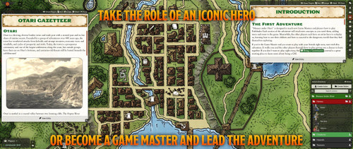Pathfinder Beginner Box (Foundry VTT) sample gameplay graphic featuring a text box with game information in front of an overhead map of a fantasy town.