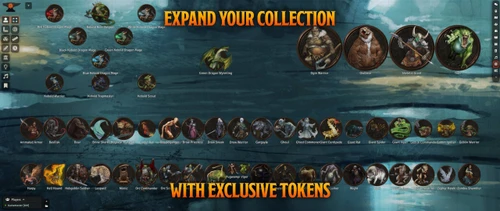 Pathfinder Beginner Box (Foundry VTT) sample gameplay graphic featuring an array of tokens included in this set.