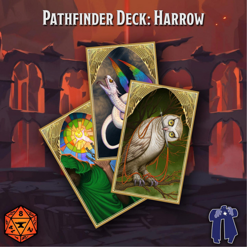 Pathfinder Harrow Deck (Foundry VTT) cover graphic featuring three colorful fortune-telling cards arrayed before a scenic painting of ruins illuminated by eerie red light.