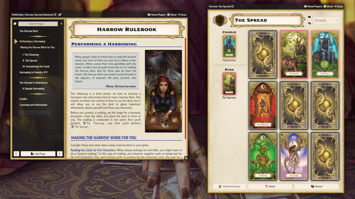 Pathfinder Harrow Deck (Foundry VTT) gameplay image featuring two information boxes, one with the Harrow Rulebook and the other with a sample spread of 9 colorfully illustrated Harrow cards.