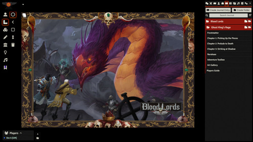 Pathfinder Adventure Path #186: Ghost King's Rage (Blood Lords 6 of 6) (Foundry VTT) Code gameplay graphic featuring a group of fantasy heroes battling an enormous red dragon.