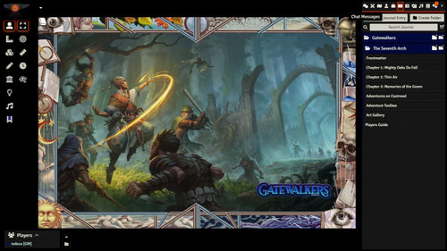 Pathfinder Adventure Path #187: The Seventh Arch (Gatewalkers 1 of 3) (Foundry VTT) Code gameplay graphic featuring an illustration of a band of adventurers fighting off shadowy foes in a forlorn forest. A psychic elf hero floats in the air and traces a line of magical energy with his outstretched hand.