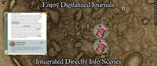 Pathfinder Adventure Path #190: The Choosing (Stolen Fate 1 of 3) (Foundry VTT) Code gameplay graphic featuring a top-down battle map involving tokens of two unusual pink creatures in an exterior jungle location with enormous overgrown mutant plants next to a text box containing relevant game information.