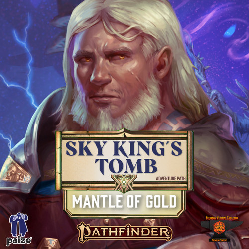 Pathfinder Adventure Path #193: Mantle of Gold (Sky King's Tomb 1 of 3) (Foundry VTT) Code graphic featuring an illustration of a stoic dwarf warrior.