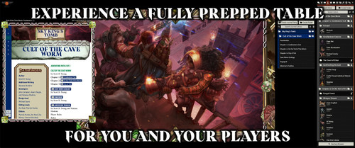 Pathfinder Adventure Path #194: Cult of the Cave Worm (Sky King's Tomb 2 of 3) (Foundry VTT) Code gameplay graphic featuring the adventure's table of contents and an illustration of a subterranean battle scene with heroic adventurers facing off against a mechanical monster lit by torchlight.