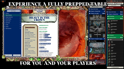 Pathfinder Adventure Path #195: Heavy is the Crown (Sky King's Tomb 3 of 3) (Foundry) Code gameplay graphic featuring the adventure's table of contents beside an abstract clipping of a big red dragon next to some tiny maps and a column of relevant game information.