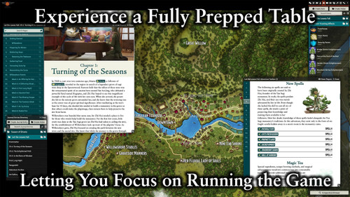 Pathfinder Adventure Path #197: Let the Leaves Fall (Season of Ghosts 2 of 4) (Foundry VTT) Code gameplay graphic featuring and overland terrain map with text boxes providing additional game information.