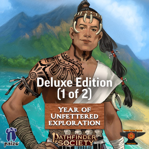 Pathfinder Society Year of Unfettered Exploration Deluxe Edition (1 of 2) graphic featuring a portrait of a tropical warrior standing before a jungle mountain and ocean bay.