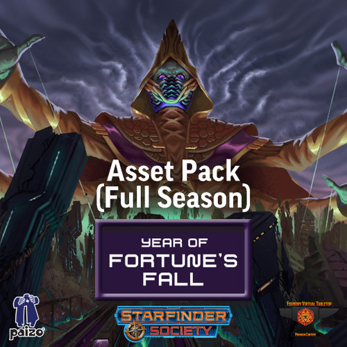 Starfinder Society Year of Fortune's Fall - Asset Pack (Full Season). An illustration depicts a masked alien in a pointed gold hood and robes, hands extended, with puppet strings descending from their fingers.