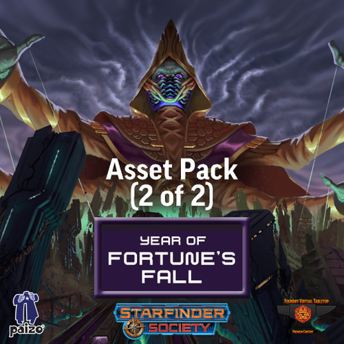 Starfinder Society Year of Fortune's Fall - Asset Pack (2 of 2). An illustration depicts a masked alien in a pointed gold hood and robes, hands extended, with puppet strings descending from their fingers.