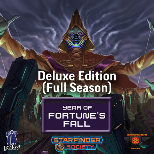 Starfinder Society Year of Fortune's Fall - Deluxe Edition (Full Season). An illustration depicts a masked alien in a pointed gold hood and robes, hands extended, with puppet strings descending from their fingers.