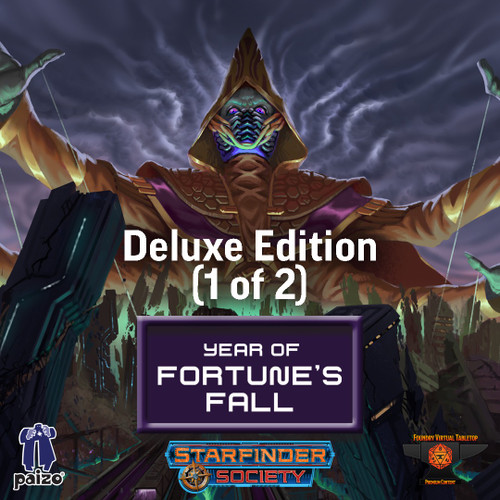 Starfinder Society Year of Fortune's Fall - Deluxe Edition (1 of 2). An illustration depicts a masked alien in a pointed gold hood and robes, hands extended, with puppet strings descending from their fingers.
